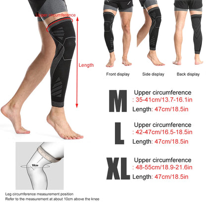 Full Leg Compression Sleeve with Knee Support - Breathable Fabric and Non-Slip Design, Black, Sizes M-L-XL