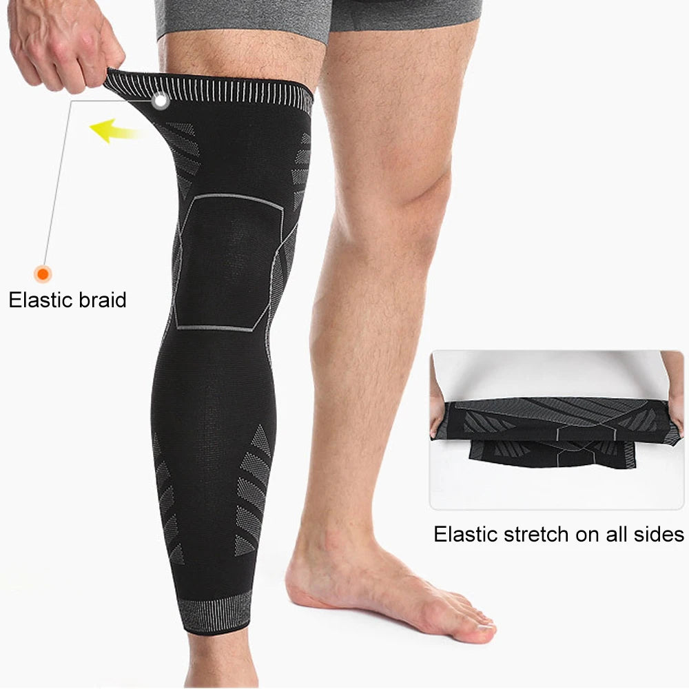 Full Leg Compression Sleeve with Knee Support - Breathable Fabric and Non-Slip Design, Black, Sizes M-L-XL