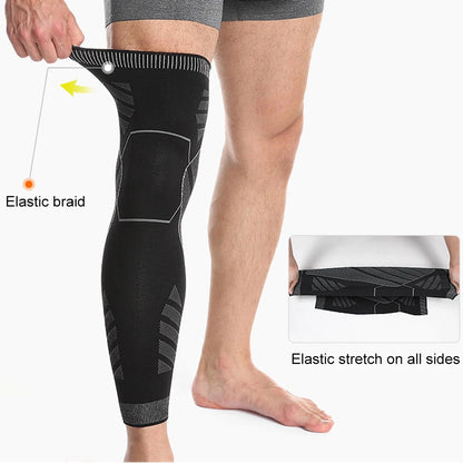 Full Leg Compression Sleeve with Knee Support - Breathable Fabric and Non-Slip Design, Black, Sizes M-L-XL